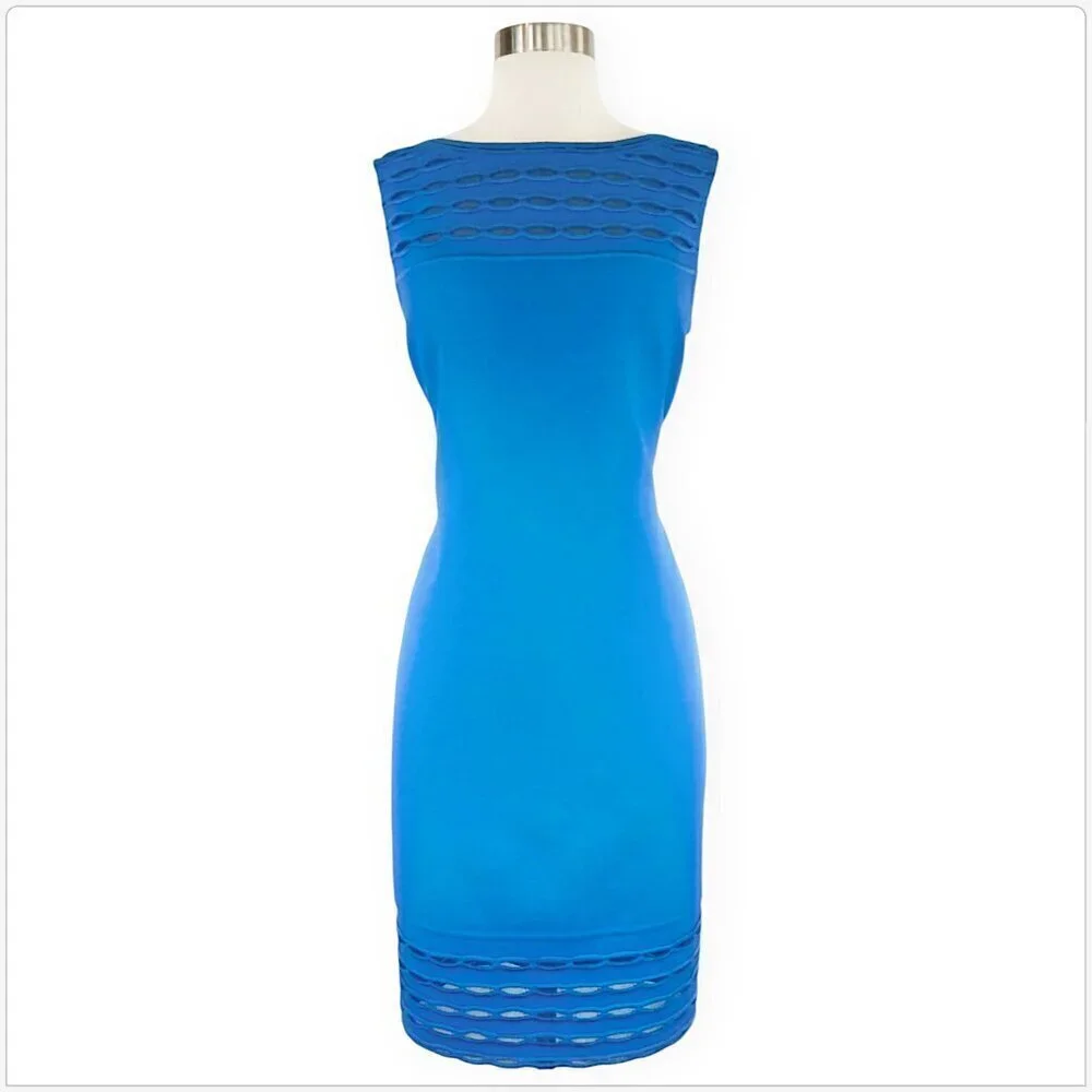 St. John Cyan Blue Makena Knit Sleeveless Sheath Pointelle Trim Dress NWT New 8